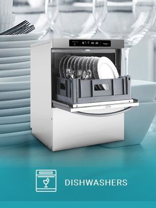 A dishwasher is sitting on a counter next to a stack of plates and glasses.