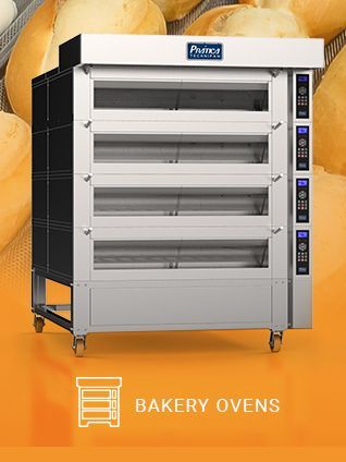 A bakery oven with a bunch of bread in the background.