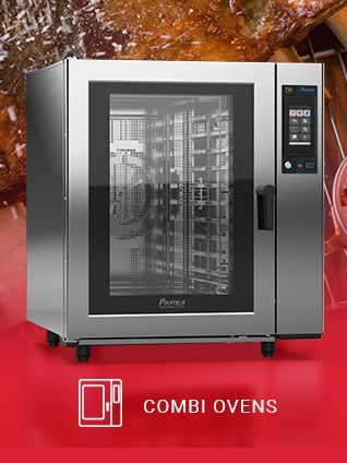 A stainless steel combi oven is sitting on top of a red table.