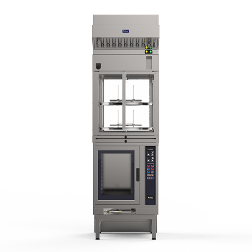 A stainless steel oven with a door and shelves on a white background.