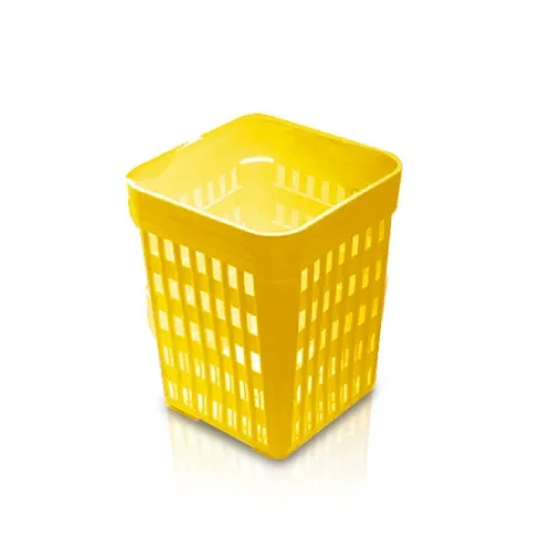 A yellow plastic basket with holes in it on a white background