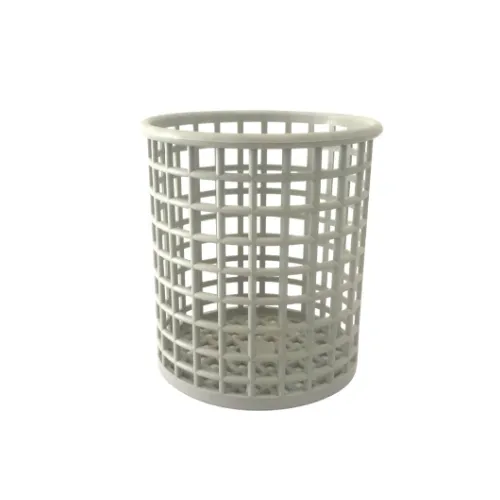 A white trash can with a grid pattern on it