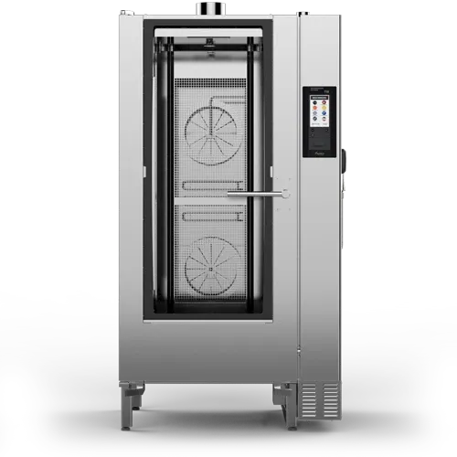 A stainless steel oven is sitting on a white surface.