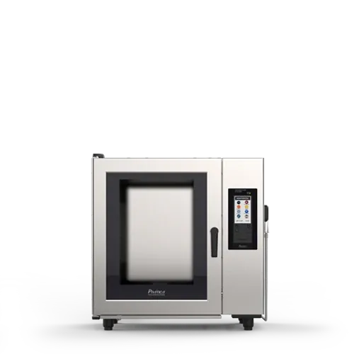 A stainless steel convection oven with a digital display on a white background.