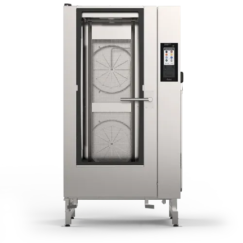 A stainless steel oven with a screen on it is sitting on a white surface.