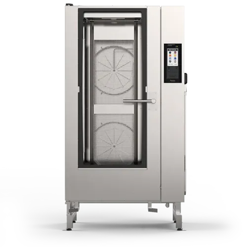 A stainless steel oven with a screen on the front of it on a white background.