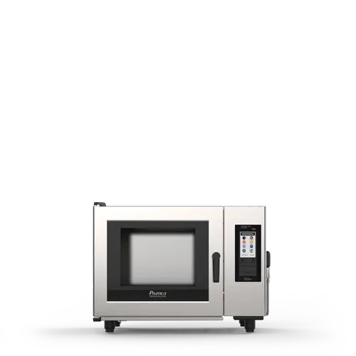 A stainless steel microwave oven is sitting on a white surface.