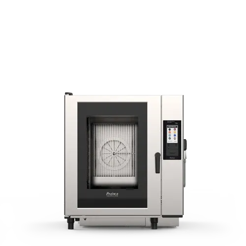 A stainless steel oven with a clock on the door is sitting on a white surface.