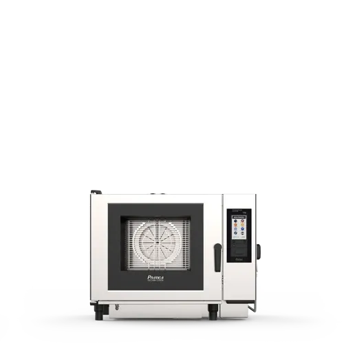 A convection oven with a clock on the door on a white background.