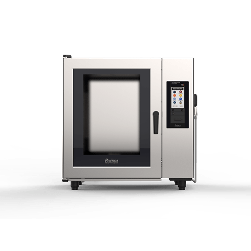 A stainless steel convection oven with a digital display on a white background.