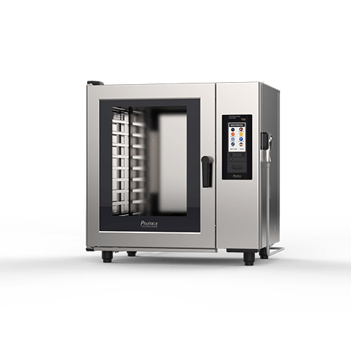 A stainless steel oven with a digital display on a white background.