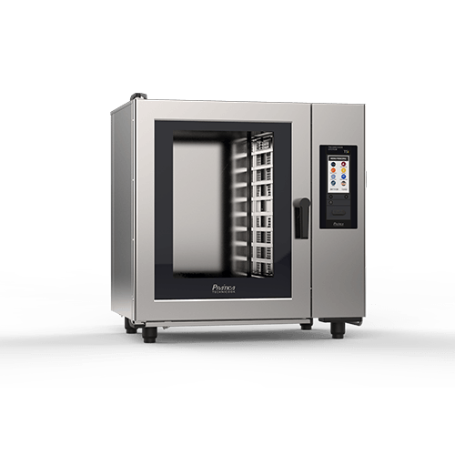 A stainless steel convection oven with a digital display on a white background.