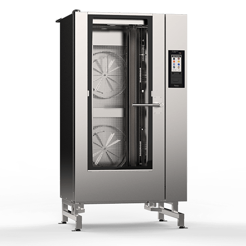 A stainless steel oven with a glass door is sitting on a white surface.