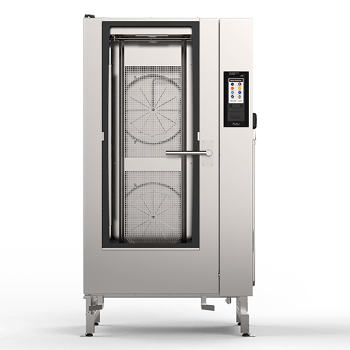 A stainless steel oven with a glass door and a touchscreen on a white background.