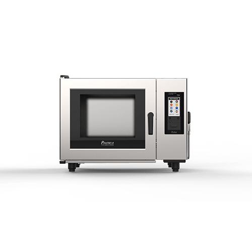 A stainless steel microwave oven is sitting on a white surface.