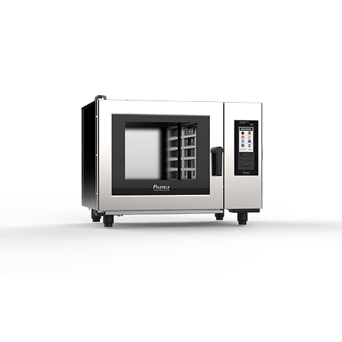 A stainless steel microwave oven is sitting on a white surface.