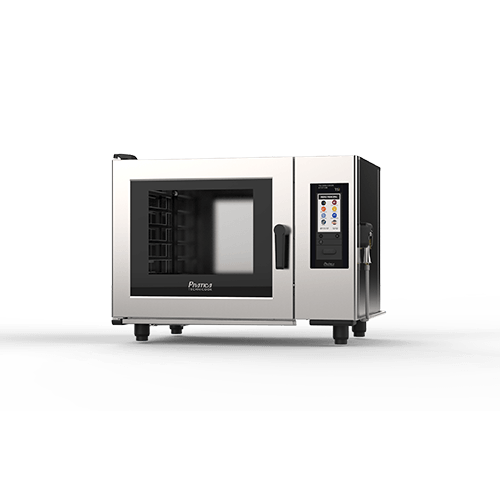 A stainless steel commercial convection oven with a glass door on a white background.