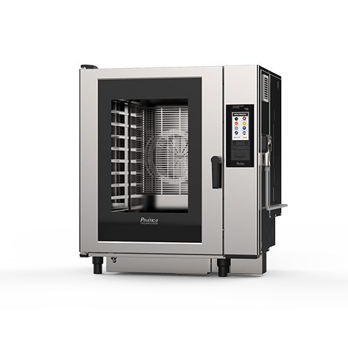 A stainless steel convection oven with a black door on a white background.