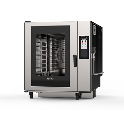 A stainless steel convection oven with a digital display on a white background.