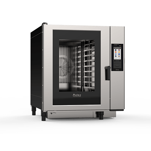 A stainless steel convection oven with a digital display on a white background.