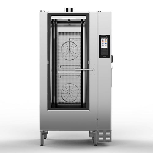 A stainless steel oven with a digital display on a white background.