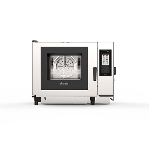 A convection oven with a fan on the door on a white background.