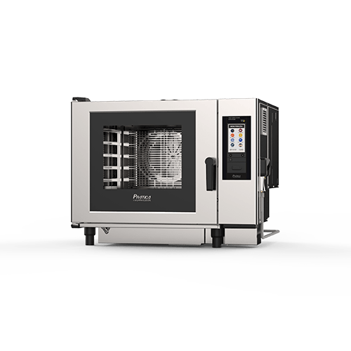 A stainless steel convection oven is sitting on a white surface.