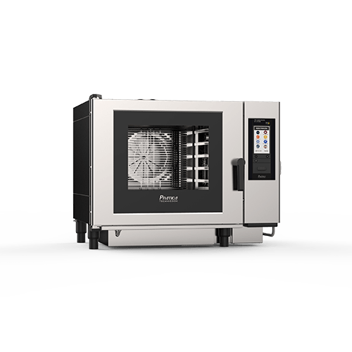 A stainless steel convection oven is sitting on a white surface.