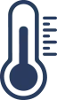 A blue and white thermometer with a ruler showing the temperature.