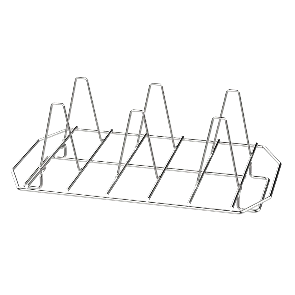 A stainless steel rack with a bunch of holes in it on a white background.