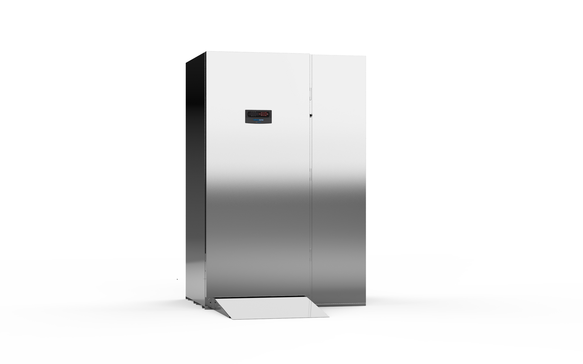 A stainless steel refrigerator is sitting on a white surface.