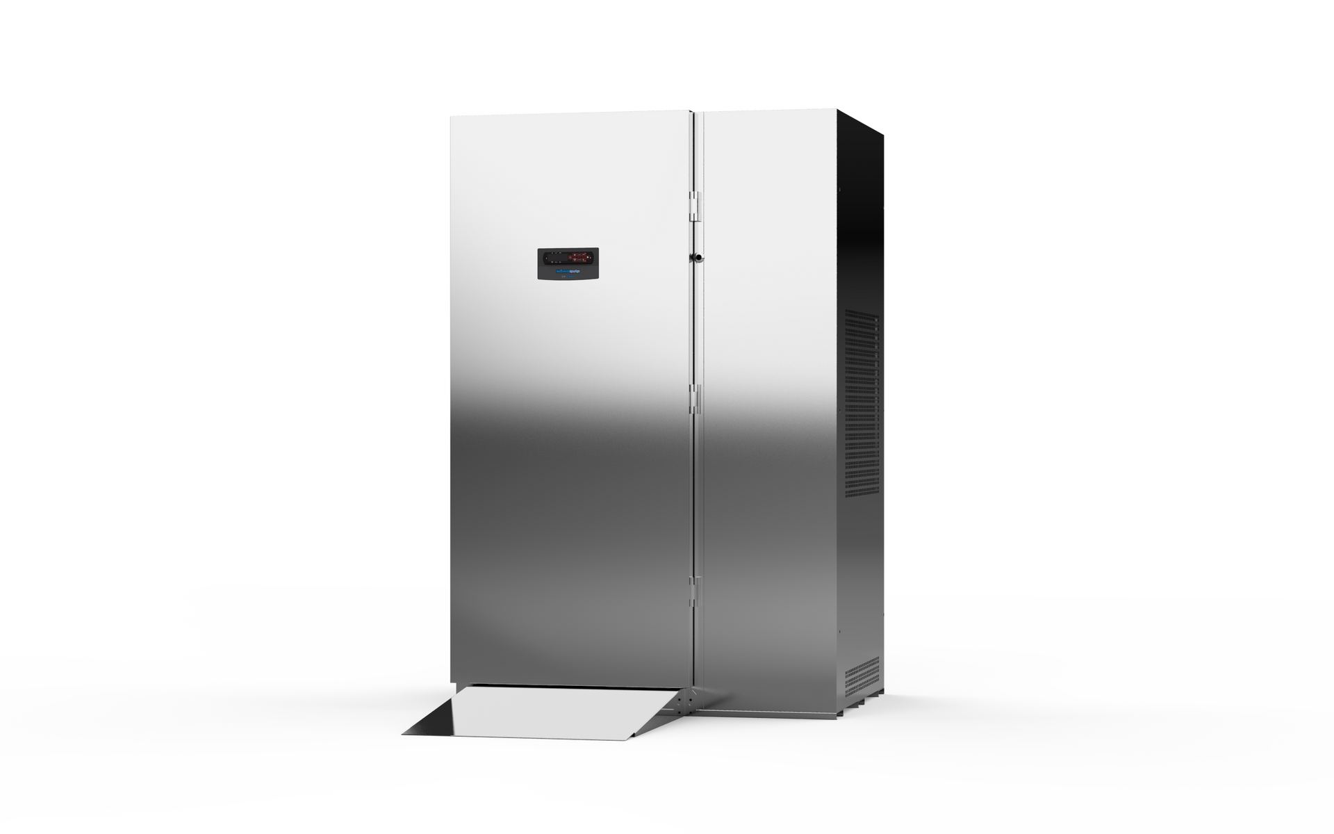 A stainless steel refrigerator is sitting on a white surface.