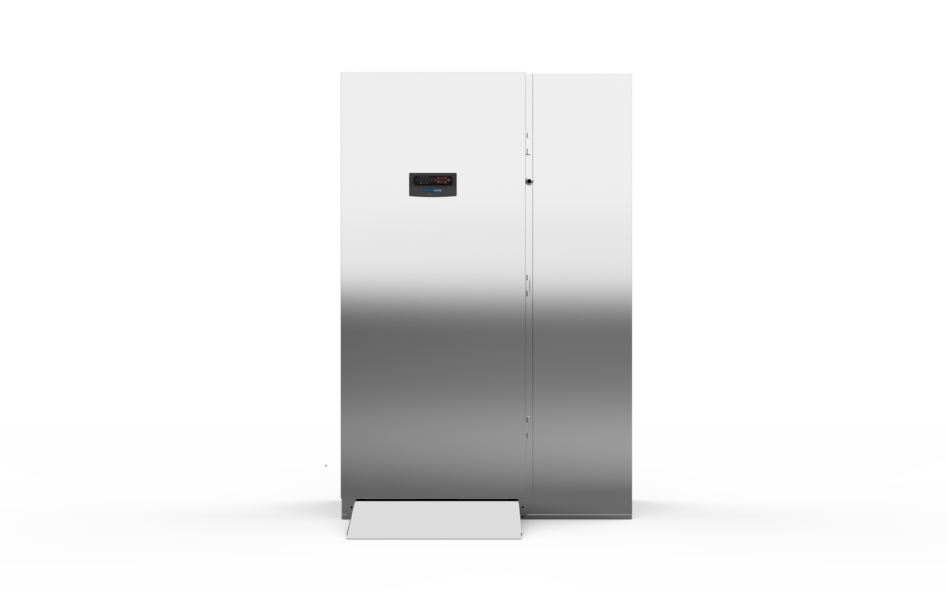 A stainless steel refrigerator is sitting on a white surface.