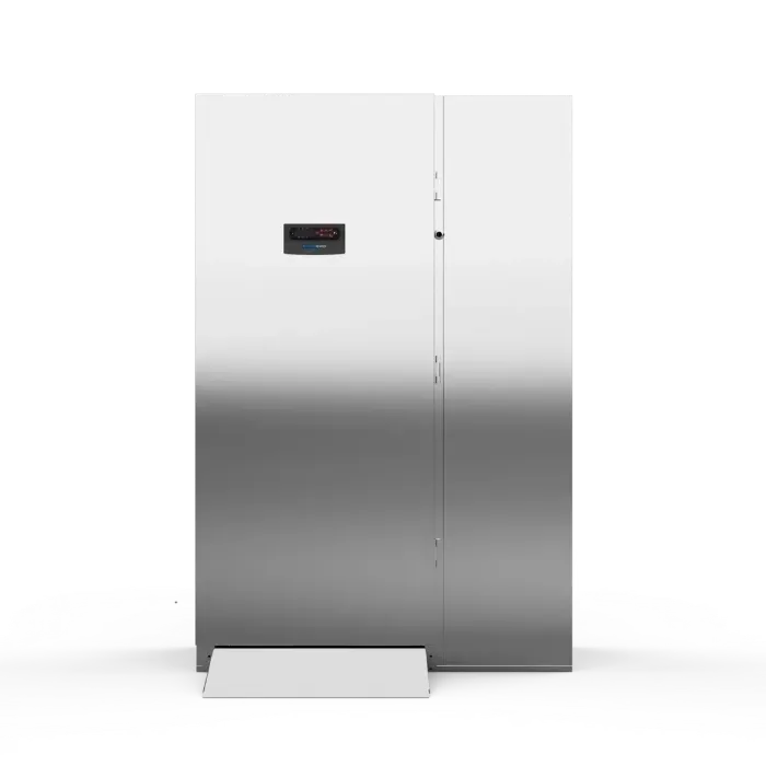 A stainless steel refrigerator is sitting on a white surface.