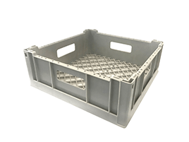 A gray plastic crate with holes in it on a white background