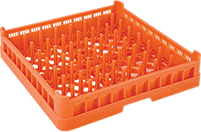 An orange plastic dish drying rack with holes in it