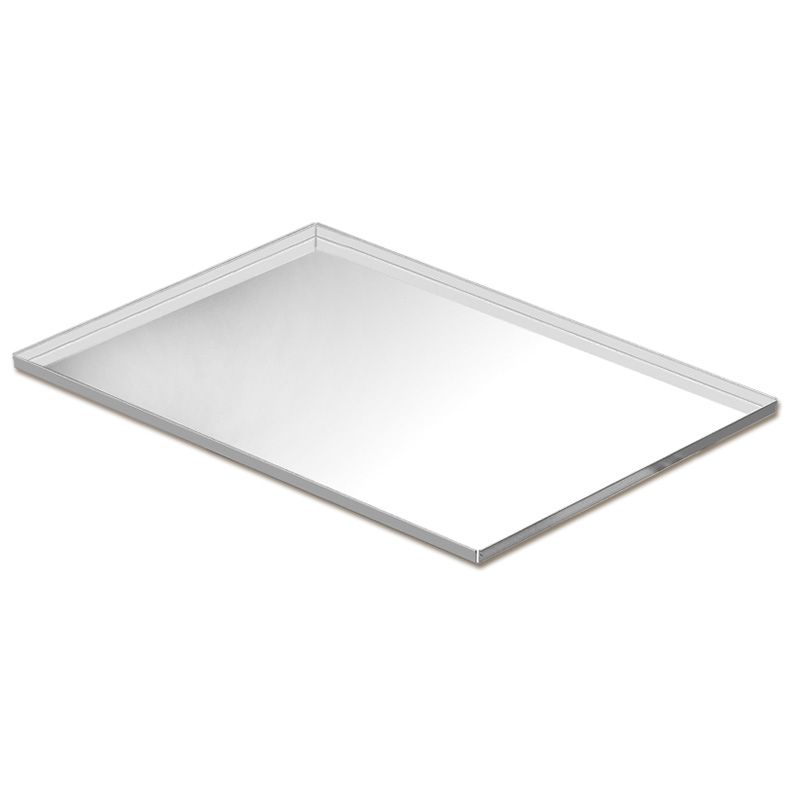 A stainless steel tray with a handle on a white background.