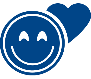 A blue smiley face with a heart behind it.