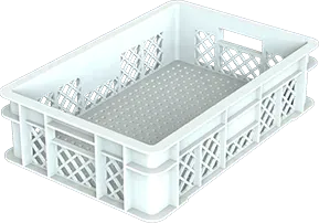 A white plastic crate with holes in it on a white background.