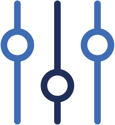 Three vertical sliders with circular knobs; dark blue middle slider.