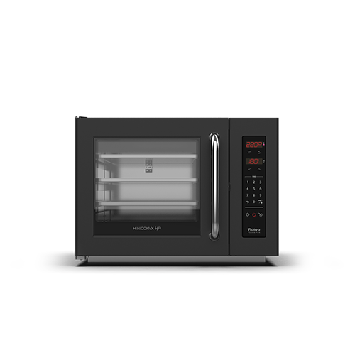 A black microwave oven with a glass door on a white background.