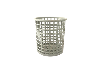 A white plastic trash can with holes in it on a white background.