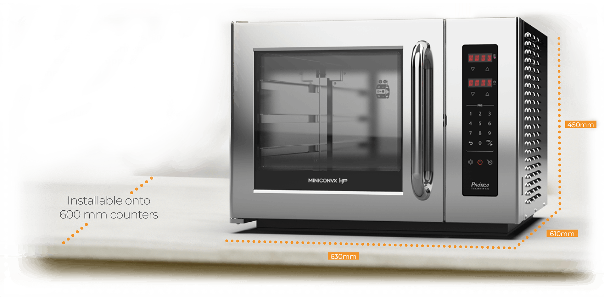 A stainless steel microwave oven with measurements on it