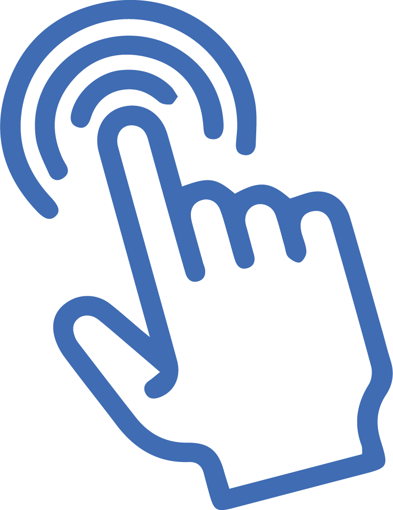 Blue hand with index finger pointing up, radiating circles above, indicating a click.