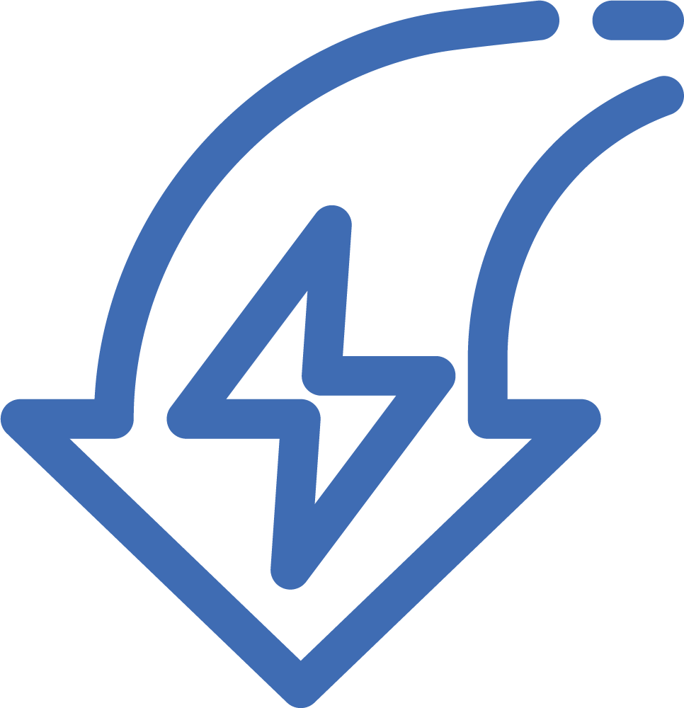 Blue arrow curving down with a lightning bolt, indicating energy transfer.