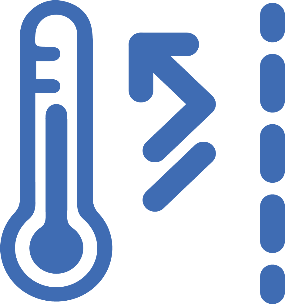 Thermometer with an upward arrow and vertical dotted line, indicating rising temperature.