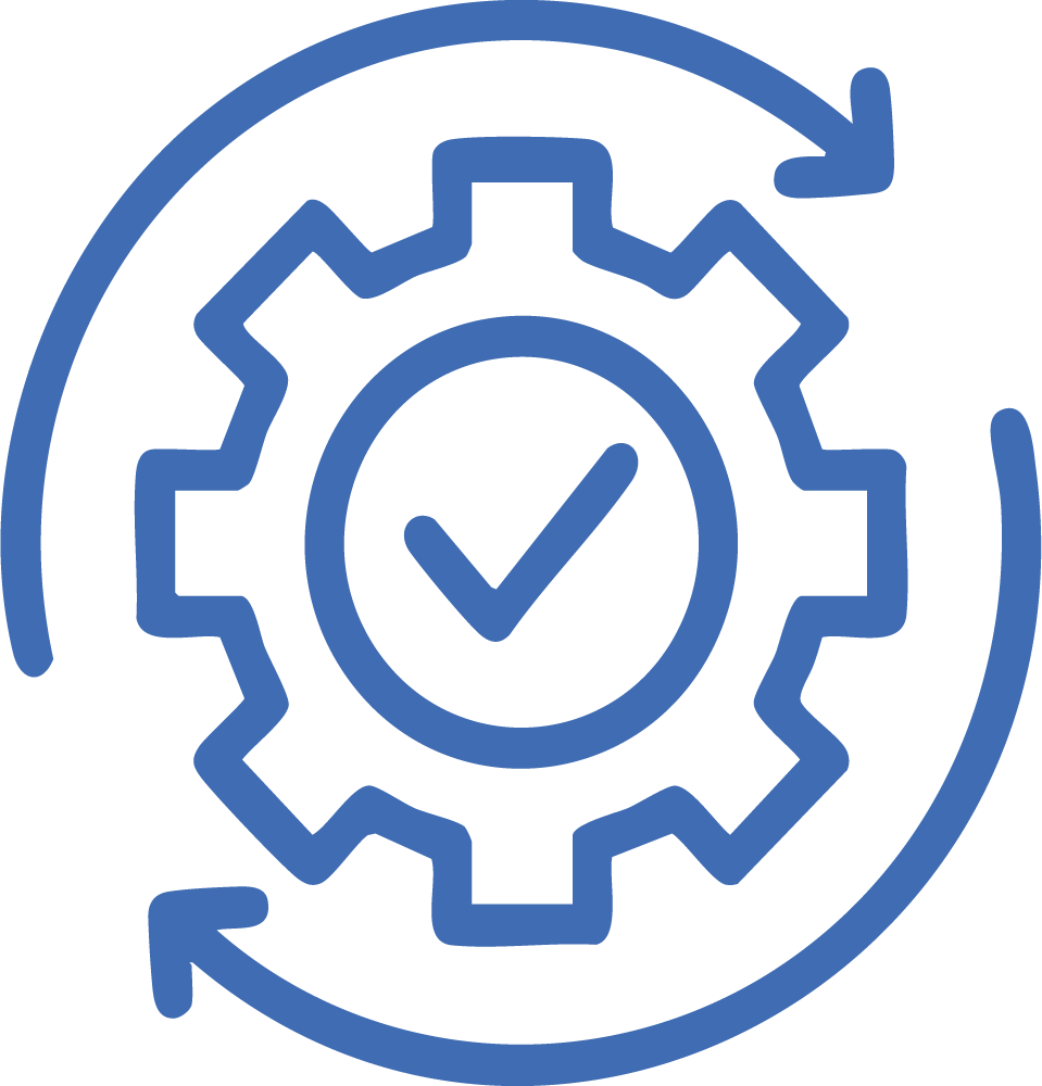 Blue gear with checkmark, surrounded by arrows, indicating process completion.