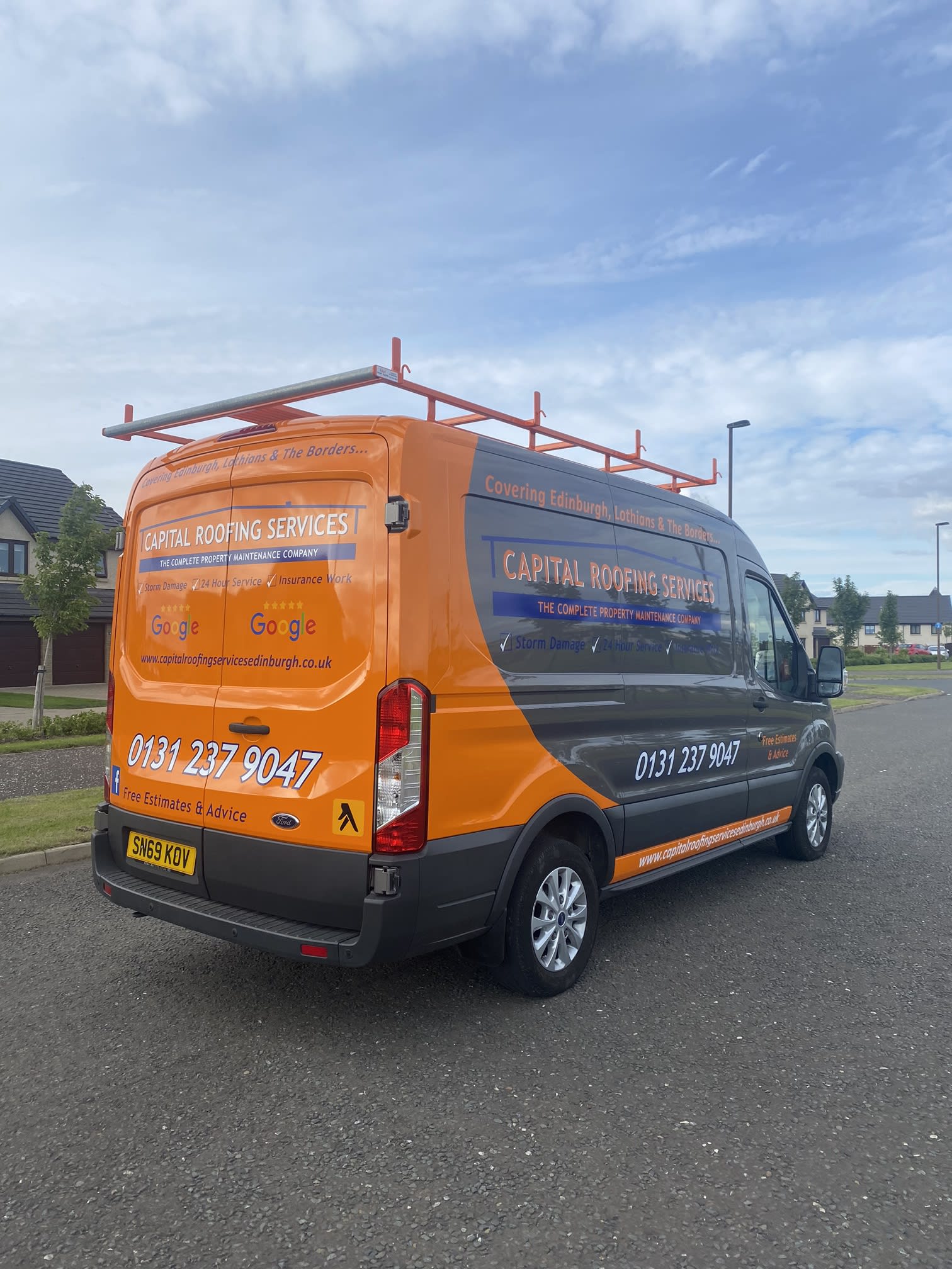 Capital roofing services blue van