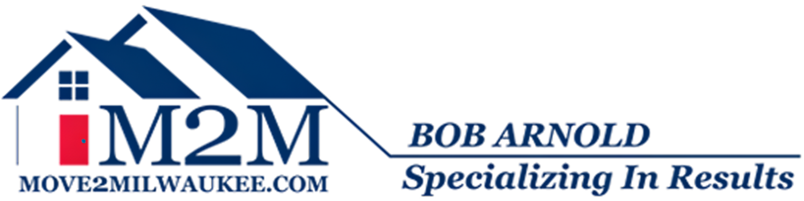 Logo for M2M real estate. Features a house graphic and the words