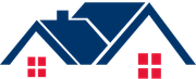 Blue house logo with red windows.